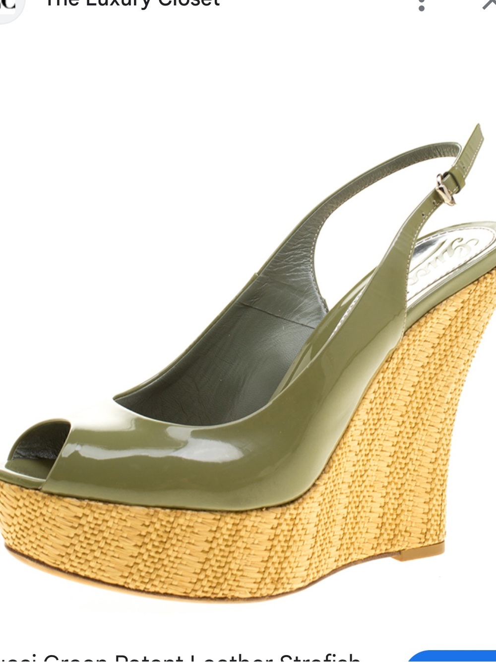 Gucci Olive Patent Leather Raffia Wedge Slingback